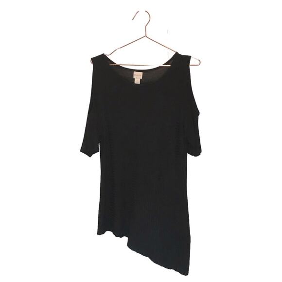 Chico’s black cold shoulder top size 2 medium asymmetrical hem lightweigt - Picture 1 of 7